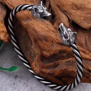 Мужские браслеты с открытыми манжетами и черепом волка, льва, мужские браслеты из нержавеющей стали и кожи с плетеным кабелем, эластичные регулируемые браслеты 65MM