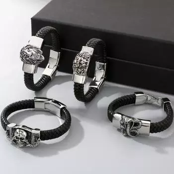 Мужские браслеты в стиле панк-готика из нержавеющей стали и коровьей кожи с черепом волка и льва для мужчин, на запястье, на руку, в качестве подарка на день рождения 21.5CM