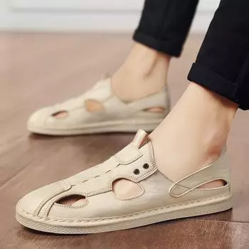 Мужские брендовые кожаные летние новые повседневные сверхлегкие сандалии на плоской подошве римская пляжная обувь мужские кроссовки для вождения на низкой танкетке обувь ручной работы 39 бежевый