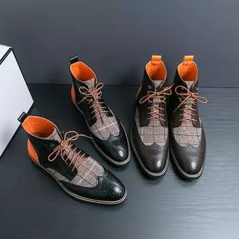 Мужские броги Мотоциклетные повседневные ботильоны с клетчатой строчкой Индивидуальные демисезонные ботинки Платье с крылышками Формальный кожаный смокинг Свадебная обувь EU:38 коричневый