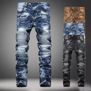 Мужские брюки, большие размеры, плиссированные, с несколькими карманами, мотоциклетные, в стиле пэчворк, джинсовые, повседневные, мужские, эластичные, джинсовые, брюки 27 чёрный