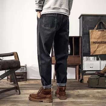 Мужские брюки больших размеров с множеством карманов, свободные прямые уличные винтажные джинсы S чёрный