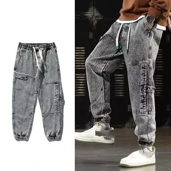 Мужские брюки большого размера с несколькими карманами, свободные, со шнуровкой, прямые, уличные винтажные джинсы 8XL