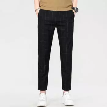 Мужские брюки «Девятый» прямые клетчатые брюки с боковыми карманами, тонкие эластичные облегающие брюки на молнии, повседневные деловые брюки в деловом стиле M чёрный