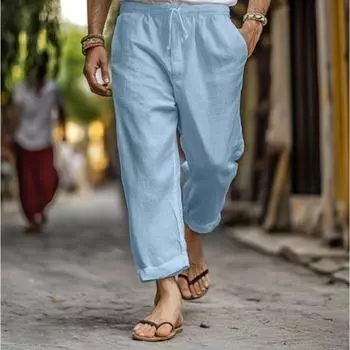 Мужские брюки длинные брюки летние брюки льняные брюки на кулиске эластичная талия прямой крой однотонные удобные и дышащие S