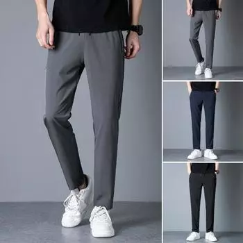 Мужские брюки для костюма, свободные эластичные прямые брюки с эластичной резинкой на талии, мягкие дышащие однотонные спортивные штаны для тренировок в тренажерном зале, спортивные штаны для бега, девятые брюки L синий