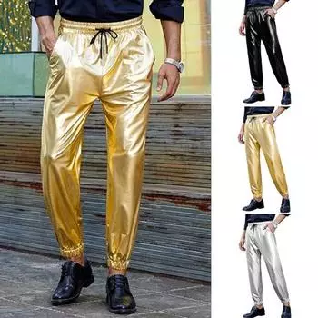 Мужские брюки для выступлений, эластичный пояс на шнурке, облегающий щиколотку, с карманами, глянцевая поверхность, брюки в стиле диско, брюки для сцены, вечеринки, ночного клуба, косплея S жёлтый