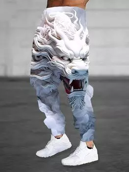 Мужские брюки-джоггеры с принтом белого и серого китайского дракона, уличная повседневная одежда S