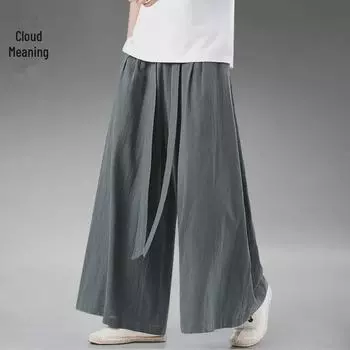 Мужские брюки Ханфу из ледяного шелка: Штаны в китайском стиле Song, повседневные брюки в стиле ретро с широкими штанинами для медитации в стиле дзен M