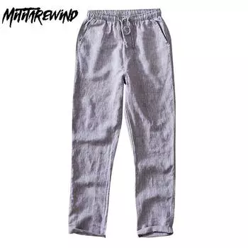 Мужские брюки Harajuku из чистого льна, летние брюки для бега, однотонные длинные брюки-карандаш на шнурке с эластичной резинкой на талии, дышащие мужские брюки S льняной