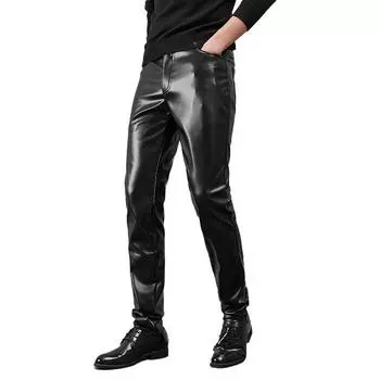 Мужские брюки из эластичной кожи, облегающие трендовые узкие повседневные брюки для мужчин, брюки из искусственной кожи, мотоциклетные брюки 28 чёрный