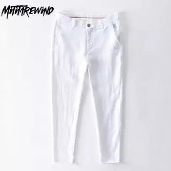 Мужские брюки из чистого льна, повседневные, деловые, однотонные, со средней талией, прямые, высококачественные, дышащие, мужские брюки 29 белый