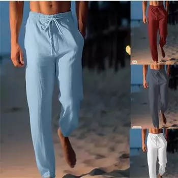 Мужские брюки из хлопка и льна, летние брюки, пляжные брюки, эластичные прямые брюки со шнурком, удобные дышащие повседневные повседневные брюки S белый