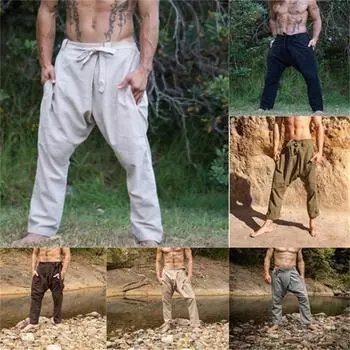 Мужские брюки из хлопка и льна, новые однотонные, с прорезными карманами, для отдыха на природе, свободные, повседневные, дышащие брюки S чёрный