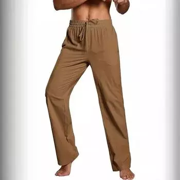 Мужские брюки из хлопка и льна, весенние и осенние, однотонные дышащие льняные брюки, мужские повседневные брюки для фитнеса с эластичной резинкой на талии S чёрный