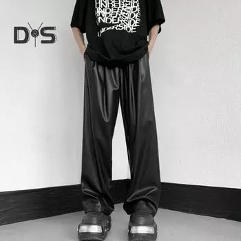 Мужские брюки из искусственного летаера с эластичной резинкой на талии, водонепроницаемые, с широкими штанинами, свободные, гладкие, в стиле хип-хоп, однотонная уличная одежда, дышащая, мягкая, с глубокой промежностью, длинная 2XL чёрный
