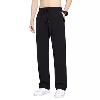 Мужские брюки из искусственного шелка, прямые, тонкие, с боковыми карманами, эластичный пояс на шнурке, однотонные, быстросохнущие, для тренировок в спортзале, для бега XL чёрный