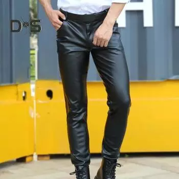 Мужские брюки из искусственной кожи, гладкие однотонные облегающие брюки со средней талией, мягкие дышащие эластичные мотоциклетные уличные клубные длинные брюки XL чёрный