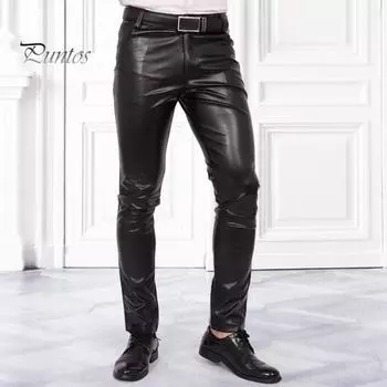 Мужские брюки из искусственной кожи, облегающие, однотонные | Модный стиль мотоцикла | Эластичные, прочные | Повседневная одежда | Сочетание с куртками, рубашками M чёрный