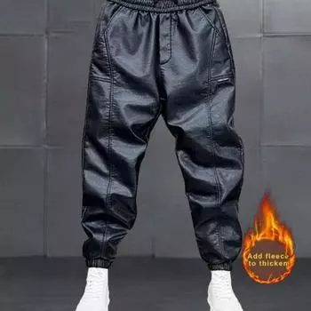 Мужские брюки из искусственной кожи с эластичной резинкой на талии, ветрозащитные, водонепроницаемые, с ремешками на щиколотке, однотонные, свободные, толстые, плюшевые, теплые, велосипедные, мотобрюки L чёрный