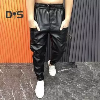 Мужские брюки из искусственной кожи с карманами, эластичная талия, однотонные, большого размера, водонепроницаемые, с резинкой на щиколотке, в стиле мотоциклетного клуба, весна-осень XXXL чёрный