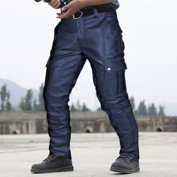 Мужские брюки из искусственной кожи с несколькими карманами, облегающий крой, гладкая поверхность M темно-синий