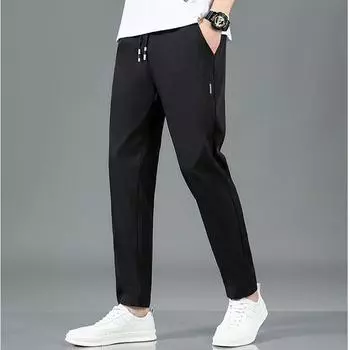 Мужские брюки из ледяного шелка, однотонные, со средней талией, свободные дышащие повседневные брюки с прямыми штанинами, тонкие быстросохнущие спортивные брюки S чёрный