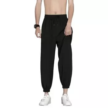 Мужские брюки из ледяного шелка, прямые, тонкие боковые карманы, на шнурке, эластичная талия, большие размеры, свободные, быстросохнущие, однотонные, быстросохнущие, для тренировок в тренажерном зале, для бега XL чёрный