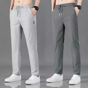 Мужские брюки из ледяного шелка, прямые тонкие боковые карманы, эластичная талия на шнурке, облегающие однотонные быстросохнущие спортивные штаны для тренировок в тренажерном зале, длинные брюки M темно-серого