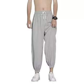 Мужские брюки из ледяного шелка, прямые, тонкие боковые карманы, на шнурке, эластичная талия, большие размеры, свободные, быстросохнущие, однотонные, быстросохнущие, для тренировок в тренажерном зале, для бега L чёрный