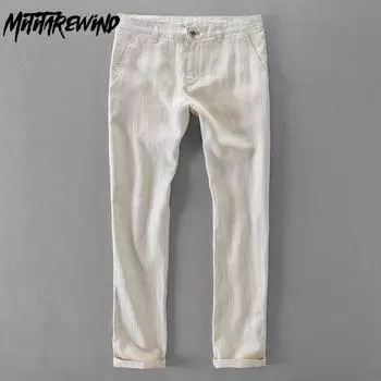 Мужские брюки из натурального чистого льна, повседневные длинные брюки на весну и лето, однотонные прямые брюки, дышащие, простые мужские брюки 30 белый