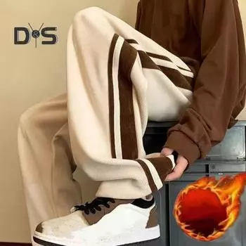 Мужские брюки из плотного плюша, прямые, широкие, повседневные, свободные, в полоску, с глубоким промежностью, полной длины, спортивные брюки в стиле хип-хоп, уличная одежда, со шнурком, эластичный пояс, длинные M бежевый