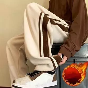 Мужские брюки из плотного плюша, прямые, широкие, повседневные, свободные, в полоску, с глубоким промежностью, полной длины, спортивные брюки в стиле хип-хоп, уличная одежда, со шнурком, эластичный пояс, длинные M чёрный