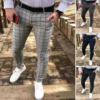 Мужские брюки-карандаш с клетчатым принтом, весенне-летние карманы с высокой талией, узкие повседневные длинные брюки, уличная одежда 2XL чёрный