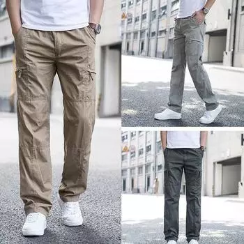 Мужские брюки-карго большого размера, новые весенне-летние брюки, прямые рабочие брюки, мужские повседневные свободные хлопковые комбинезоны с несколькими карманами по бокам 4XL светло-серый