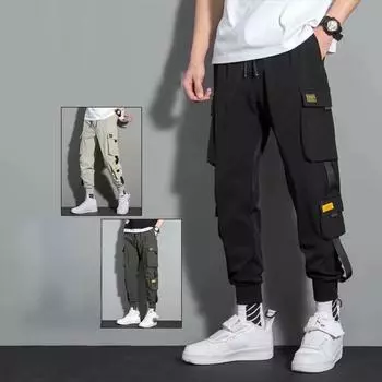 Мужские брюки-карго для бега, модные брюки на шнурке, уличная одежда в стиле хип-хоп, повседневные спортивные брюки с несколькими карманами S чёрный