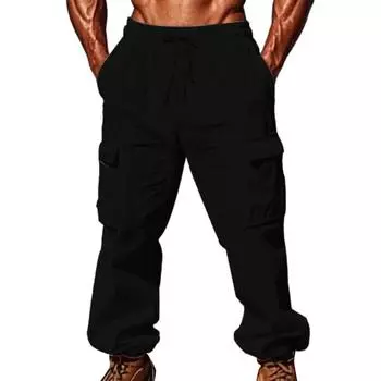 Мужские брюки-карго из хлопковой смеси, повседневные брюки с завязками на талии и множеством карманов для путешествий, работы, повседневной носки S чёрный