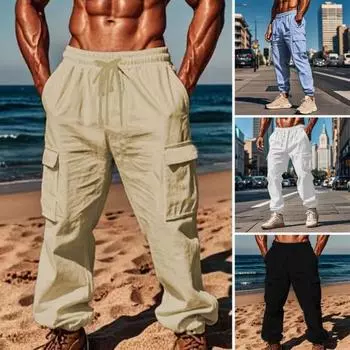 Мужские брюки-карго из хлопковой смеси, повседневные брюки с завязками на талии и множеством карманов для путешествий, работы, повседневной носки S абрикосовый