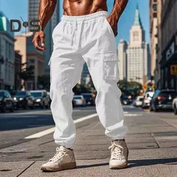 Мужские брюки-карго из хлопковой смеси, повседневные брюки с завязками на талии и множеством карманов для путешествий, работы, повседневной носки S белый