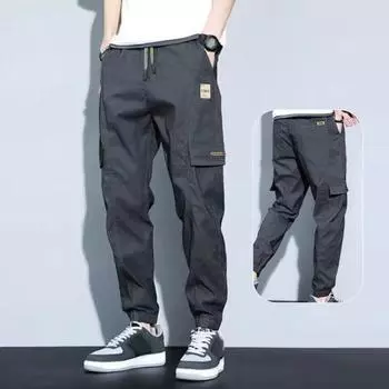 Мужские брюки-карго на шнурке с эластичной резинкой на талии, свободные несколько карманов, однотонные, мягкие, дышащие, с ремешками на щиколотке, повседневные спортивные штаны-шаровары, длинные брюки XL темно-серого