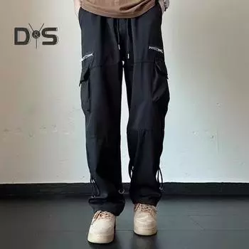 Мужские брюки-карго на шнурке с эластичной резинкой на талии, широкие брюки, прямые, большие размеры, с несколькими карманами, сплошной цвет, повседневные мягкие свободные спортивные штаны на лето, весну и осень, длинные 2XL зелёный