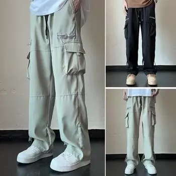Мужские брюки-карго на шнурке с эластичной резинкой на талии, широкие брюки, прямые, большие размеры, с несколькими карманами, сплошной цвет, повседневные мягкие свободные спортивные штаны, длинные брюки 2XL зелёный