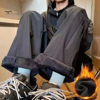 Мужские брюки-карго осень-зима, длинные брюки с эластичным поясом, широкие штанины, завязывающиеся на шнурок, большие карманы, брюки для повседневной носки L чёрный