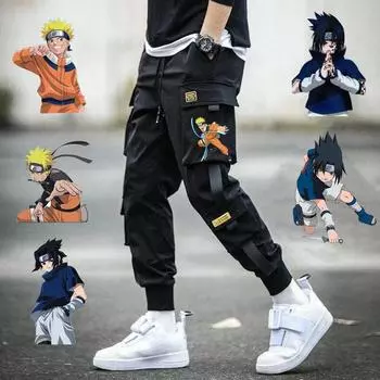 Мужские брюки-карго, японское аниме, повседневные брюки с принтом, спортивные штаны, спортивные штаны S оранжевый/чёрный