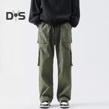 Мужские брюки-карго с эластичной резинкой на талии, однотонные длинные брюки с карманами, прямые широкие повседневные брюки, уличная одежда L зелёный