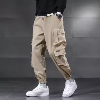 Мужские брюки-карго с эластичной резинкой на талии и завязками на щиколотке, свободные с несколькими карманами, в американском стиле, мягкая дышащая уличная одежда для повседневной жизни, уличная одежда M чёрный