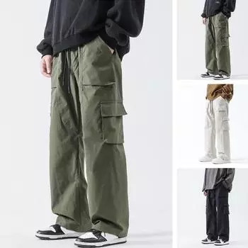 Мужские брюки-карго с эластичной резинкой на талии, однотонные длинные брюки с карманами, прямые широкие повседневные брюки, уличная одежда L чёрный