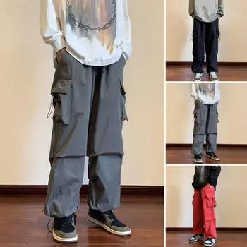 Мужские брюки-карго с эластичной резинкой на талии, свободные несколько карманов, сплошной цвет, мягкие дышащие широкие брюки, прямые повседневные спортивные уличные брюки в стиле хип-хоп, длинные брюки XL чёрный