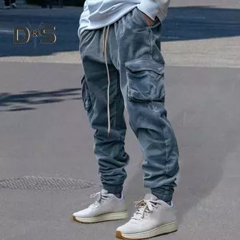 Мужские брюки-карго с эластичной резинкой на щиколотке, свободные однотонные спортивные штаны с карманами в стиле ретро, ветрозащитные брюки длиной до щиколотки M армия зеленый