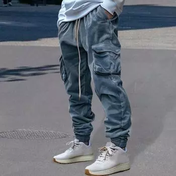 Мужские брюки-карго с эластичной резинкой на щиколотке, свободные однотонные спортивные штаны с карманами в стиле ретро, ветрозащитные брюки длиной до щиколотки M коричневый